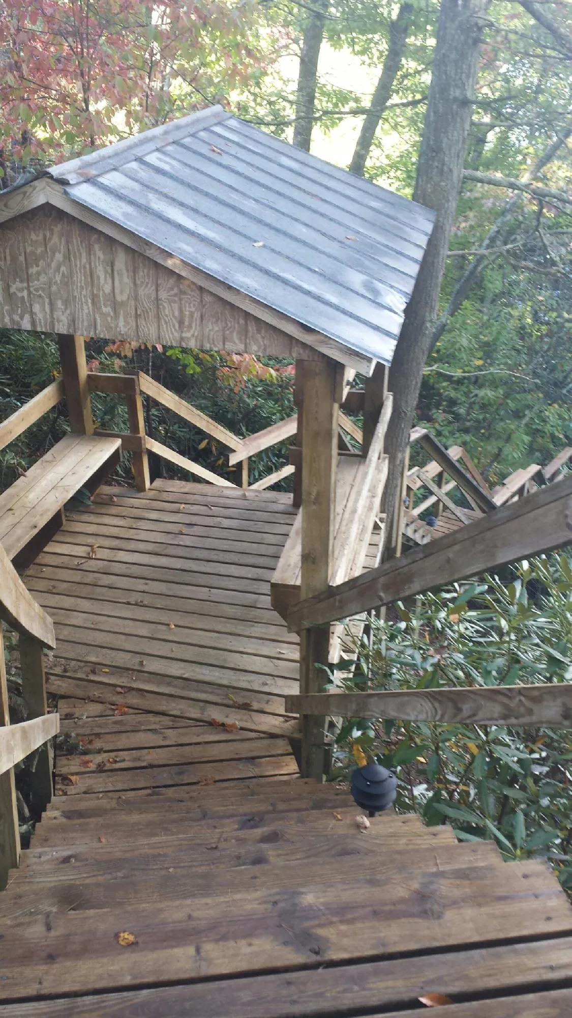 Metal roofed shelter over wooden steps on a wooded walkway — Skylight Repair & Installation work by our crew in Bankston